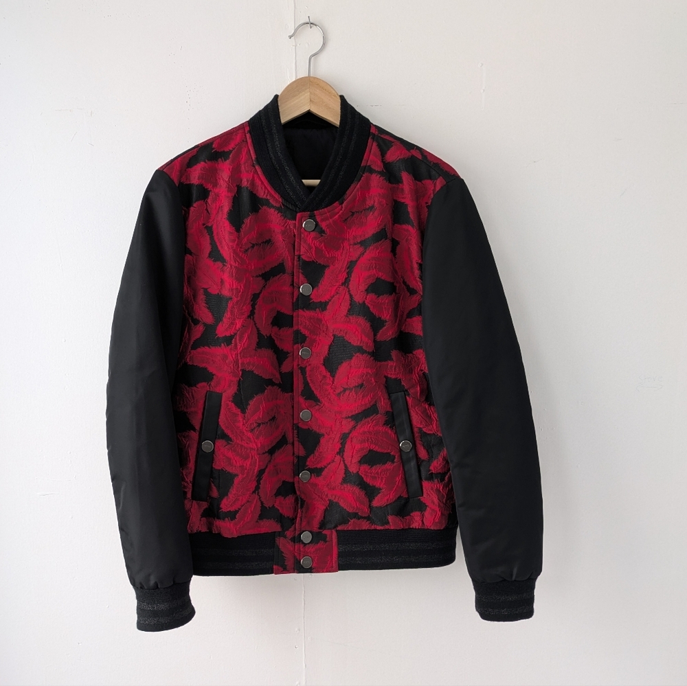C'N'C Costume National Y2K Black Red Feather Print Bomber Jacket Men's Size 50